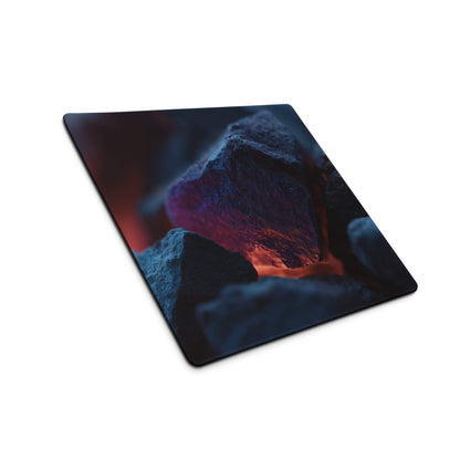 Sleek square cutting board with glowing molten rock in purples and fiery reds on dark stone