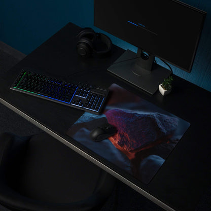 Dark blue neon glow gaming mousepad with erupting volcano lava design
