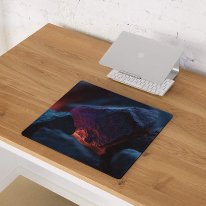 Dark blue neon glow gaming mouse pad with volcanic landscape design