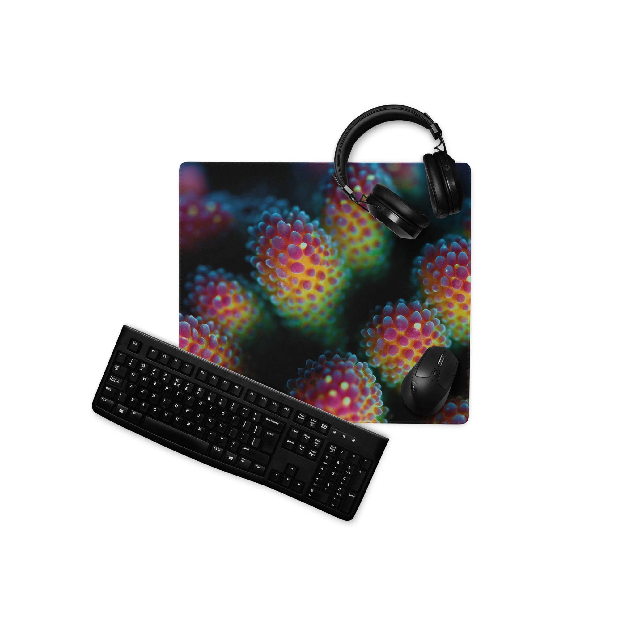 Vibrant coral reef black keyboard with pink green spherical patterns