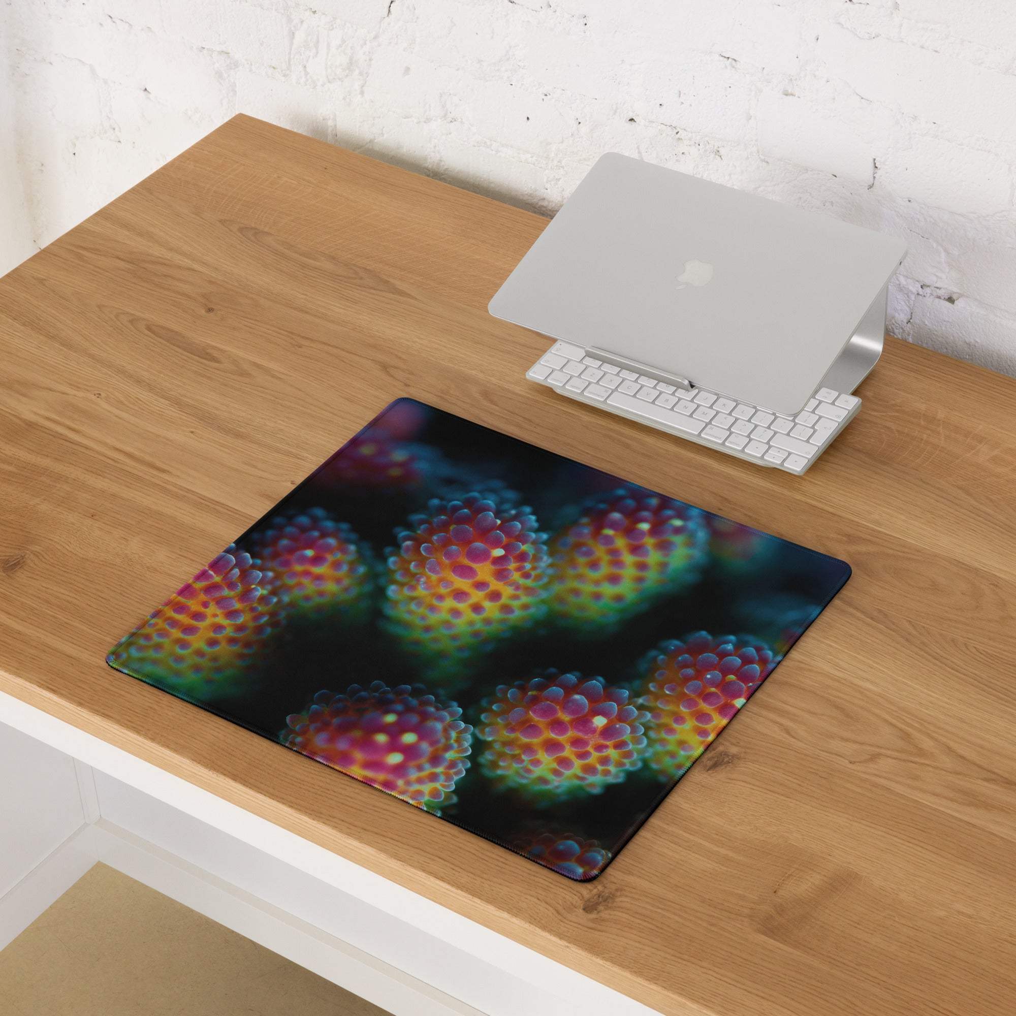 Vibrant iridescent virus coral reef gaming mouse pad glossy finish