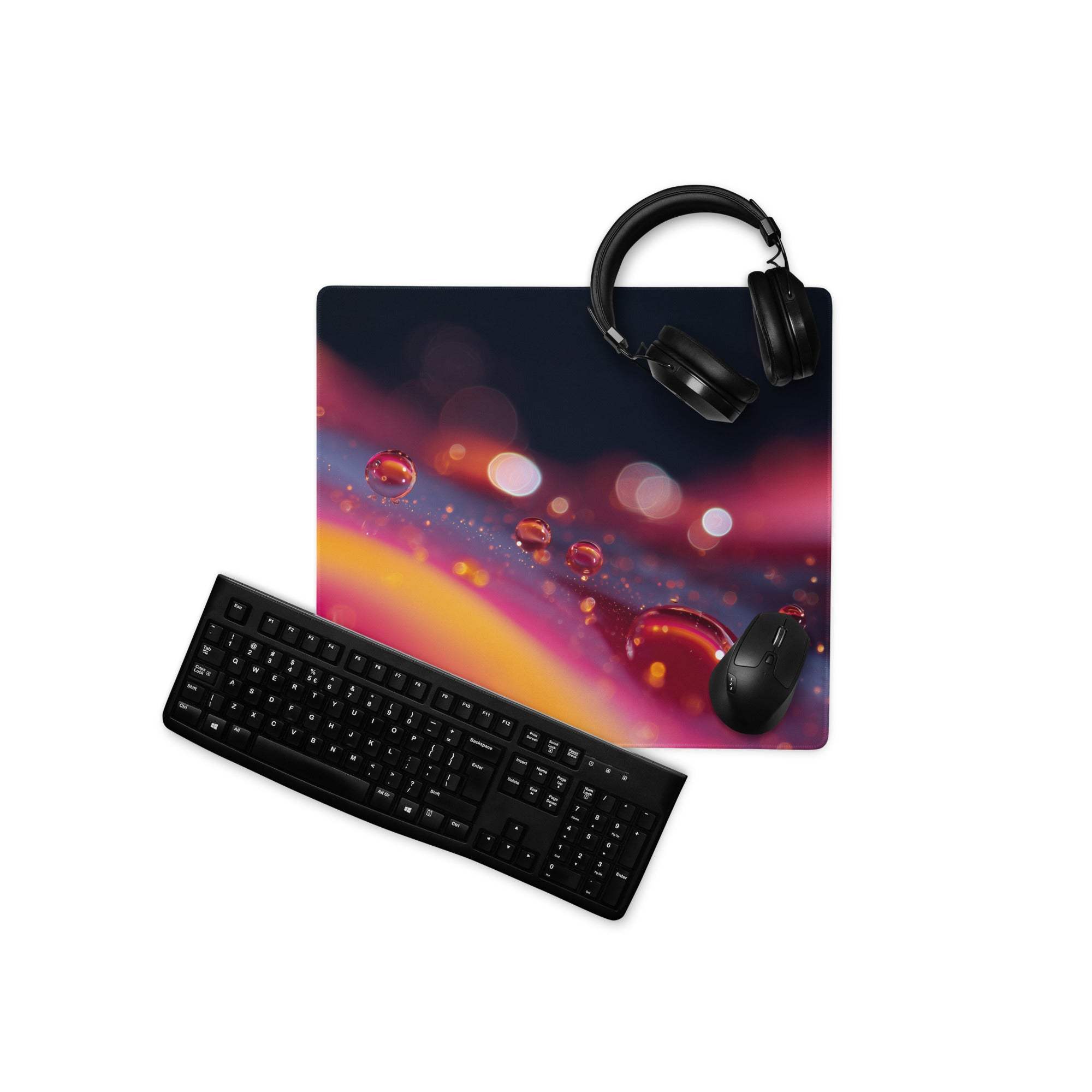 Vivid neon gradient gaming mouse pad with glowing orbs, pink orange blue streaks