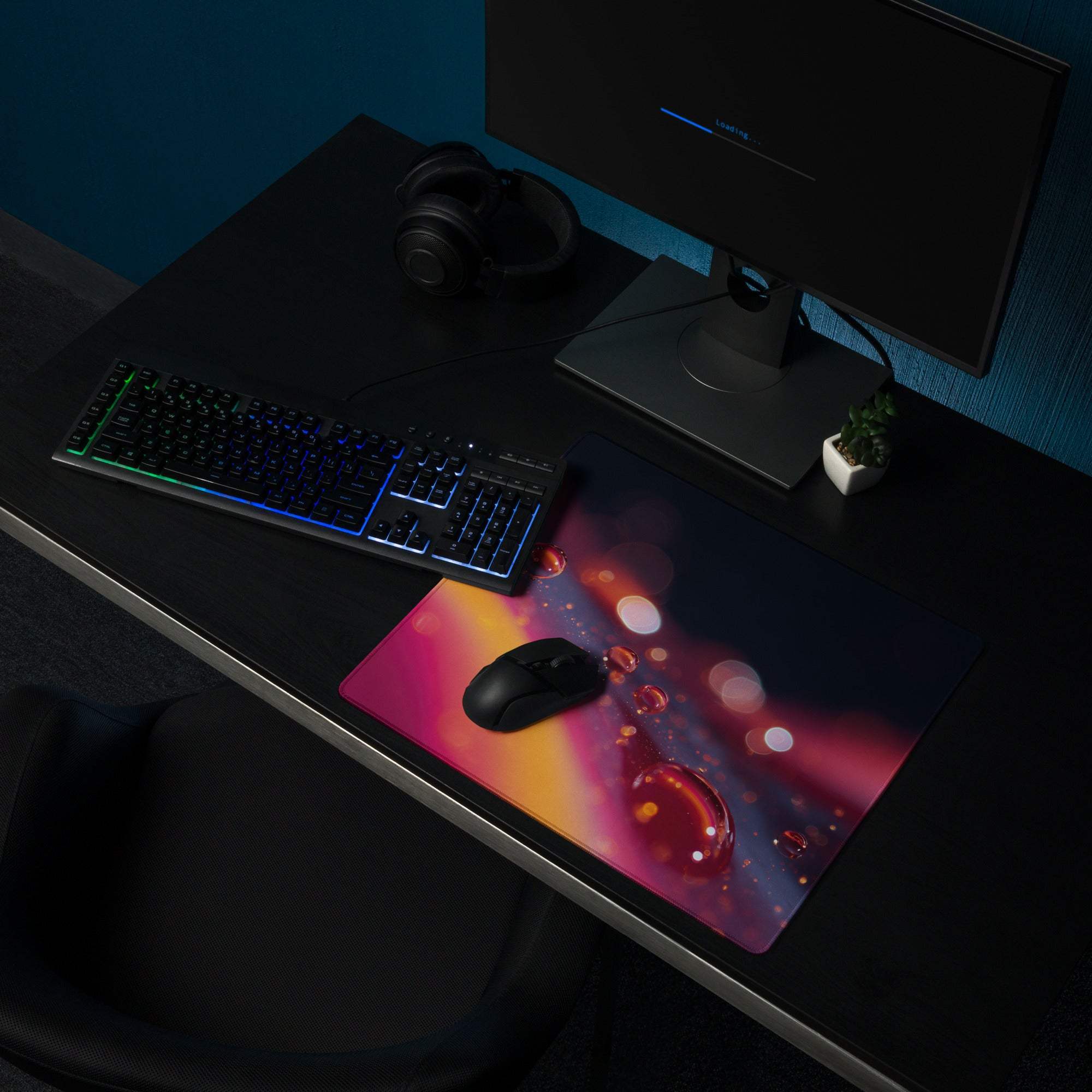 Vivid neon gradient cosmic gaming mouse pad in pink orange purple swirls