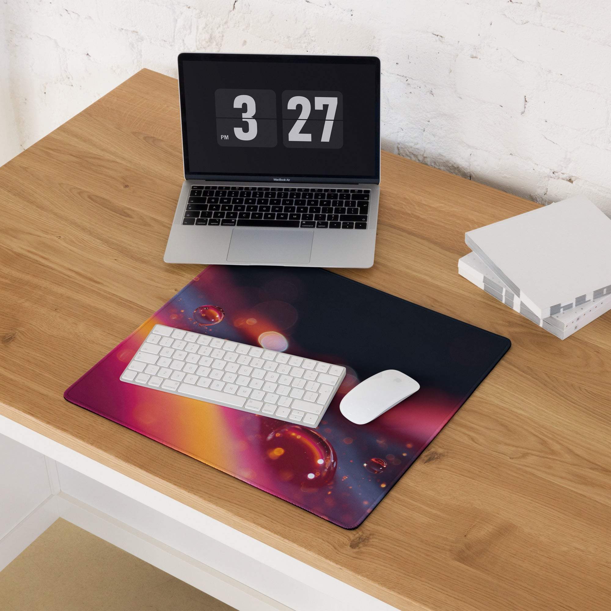 Vivid neon gradient gaming mousepad with cosmic nebula hues, red orbs, non-slip base, stitched edges