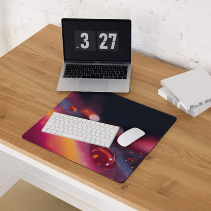 Vivid neon gradient gaming mousepad with cosmic nebula hues, red orbs, non-slip base, stitched edges