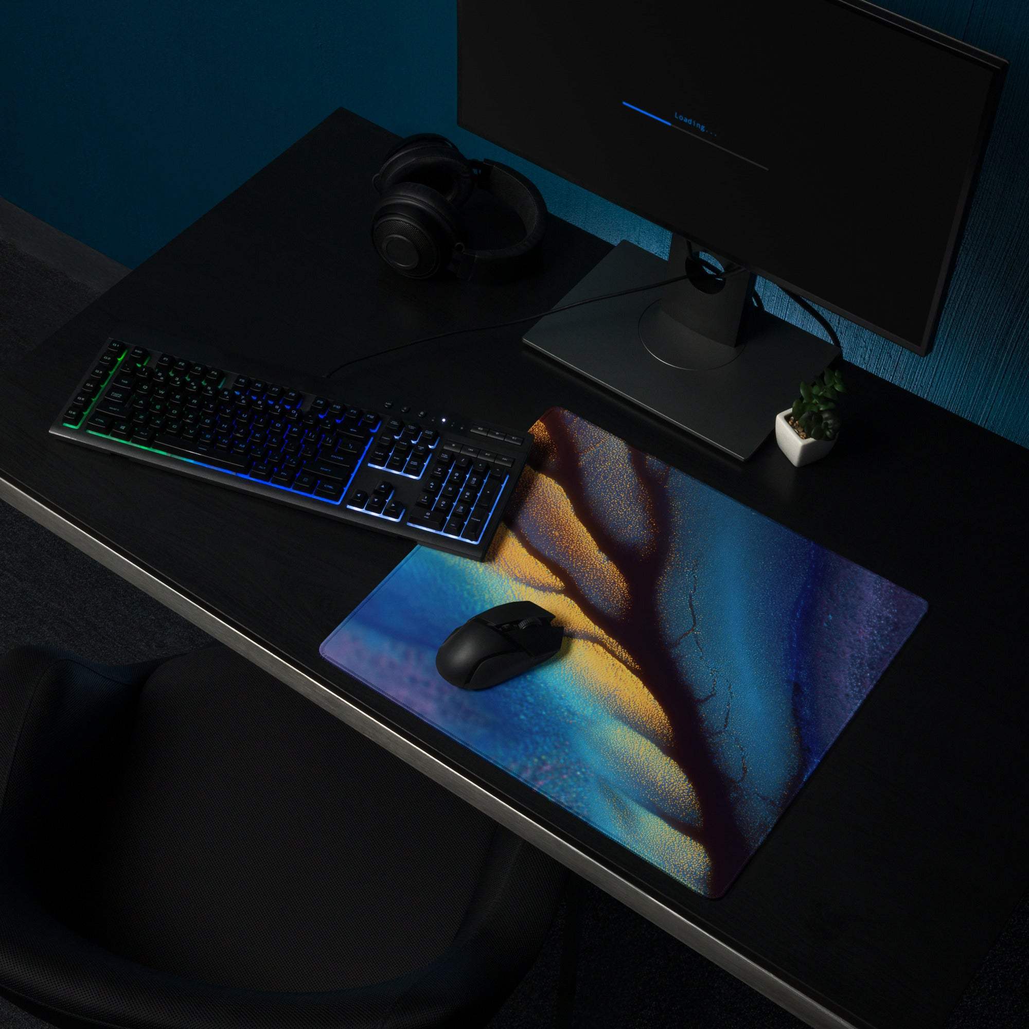 Premium abstract aurora iridescent ocean blue gold gaming mouse pad