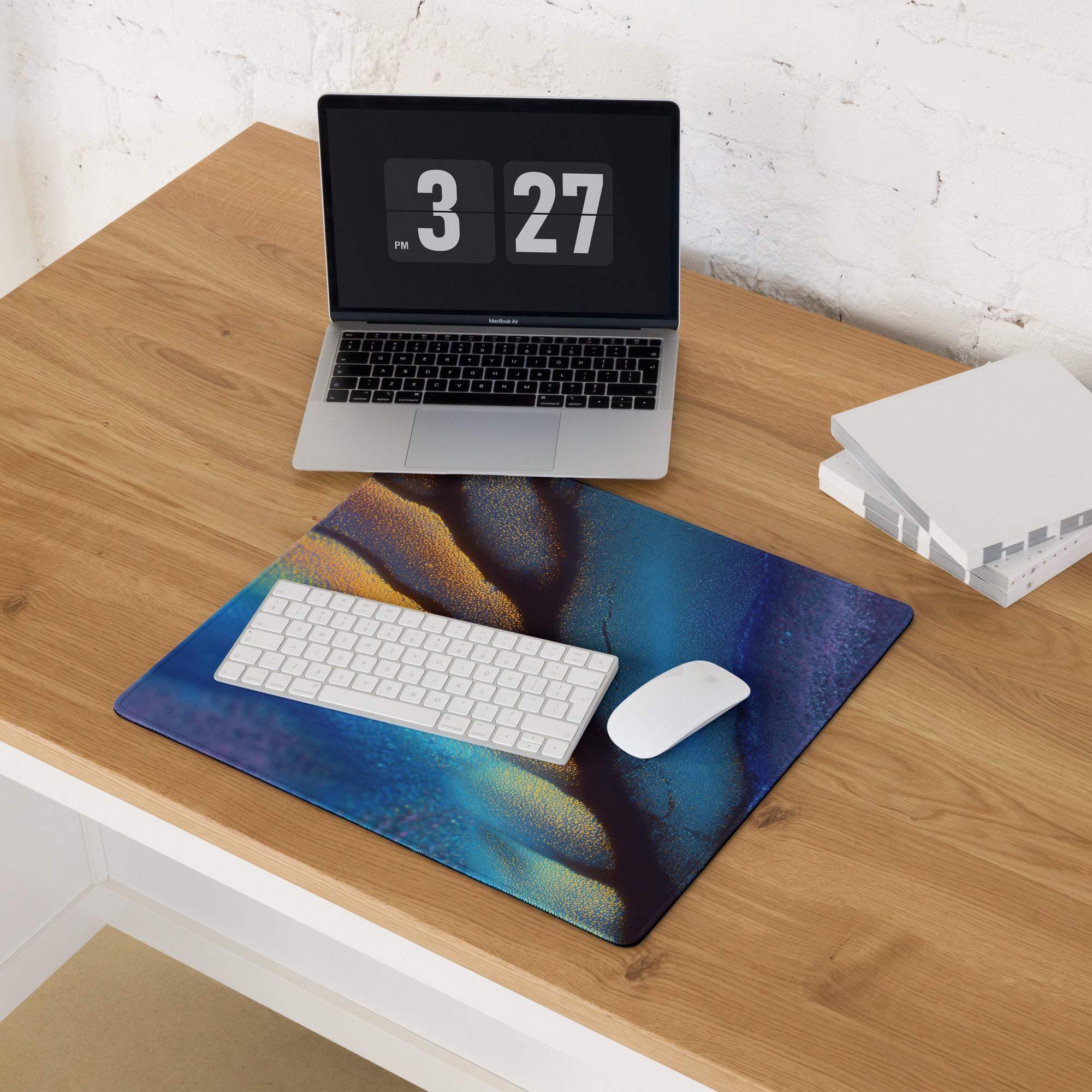 Premium abstract aurora iridescent ocean blue and gold gaming mouse pad