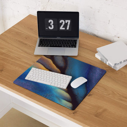 Premium abstract aurora iridescent ocean blue and gold gaming mouse pad