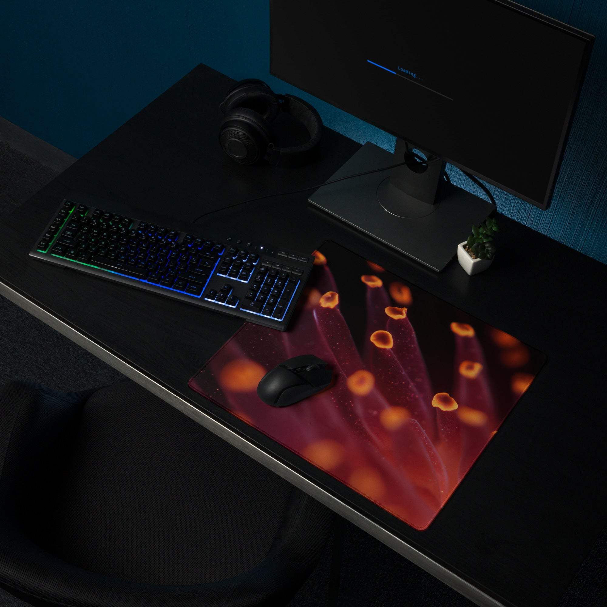 Premium large gaming mouse pad with red orange glow, non-slip edge stitching for Dota CSGO