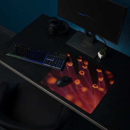 Premium large gaming mouse pad with red orange glow, non-slip edge stitching for Dota CSGO