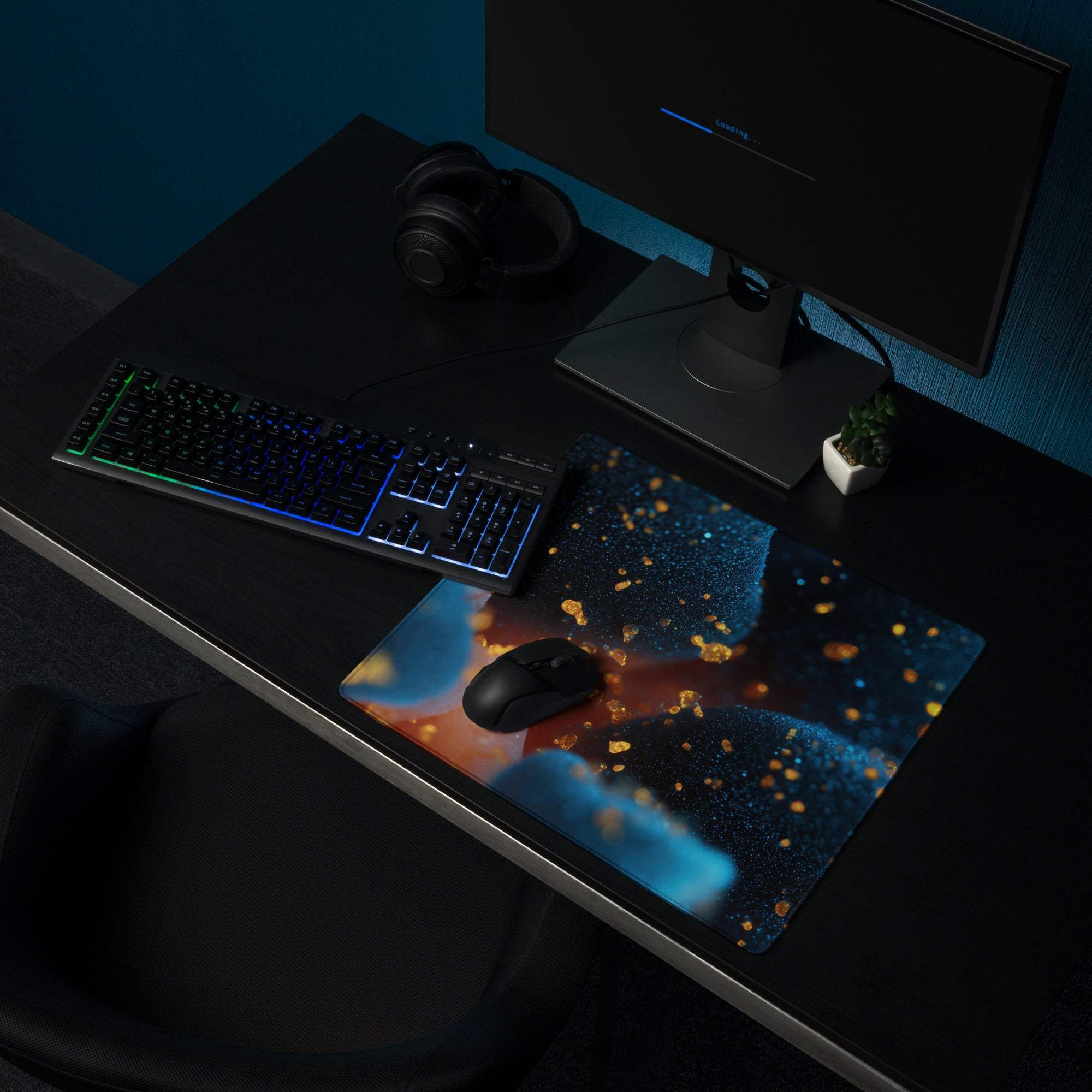 Sleek large non-slip Ocean Blue Nebula gaming mouse pad with cosmic design