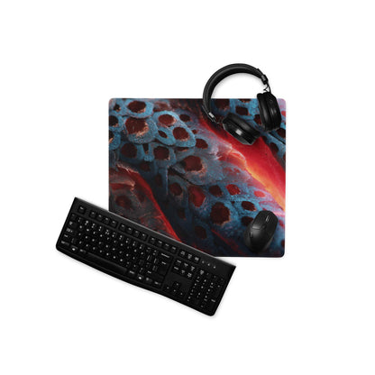 Black keyboard and mouse on bold abstract lava blue red gaming mousepad