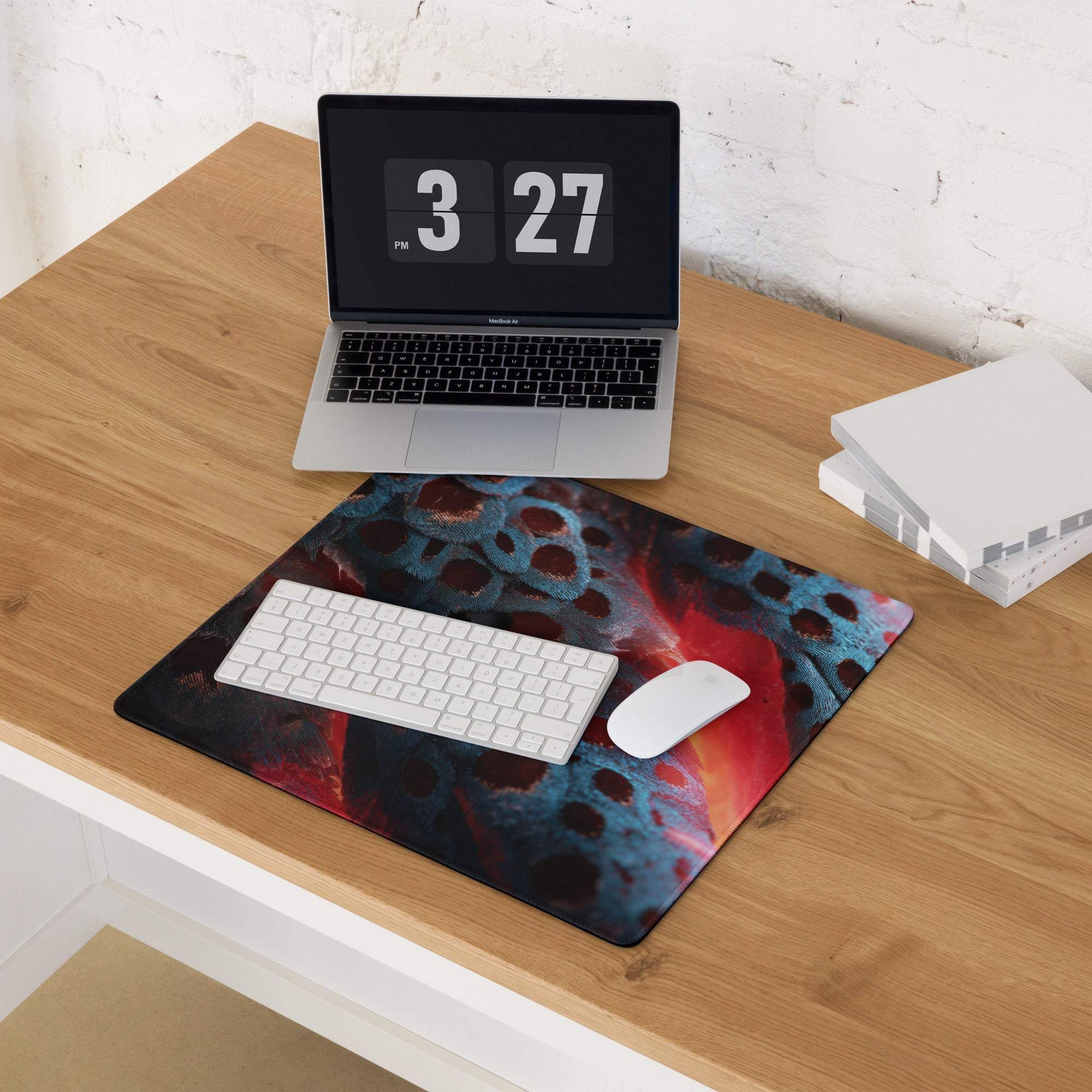 Bold abstract lava blue red gaming mouse pad with swirling patterns