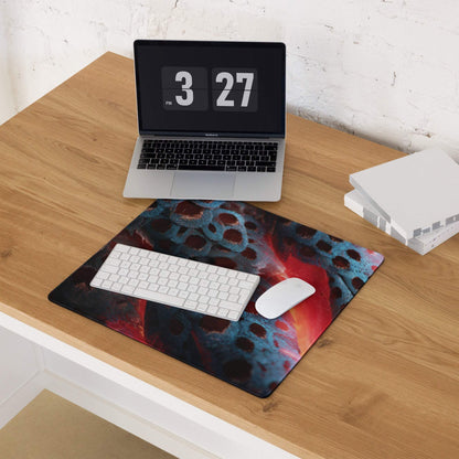 Bold abstract lava blue red gaming mouse pad with swirling patterns