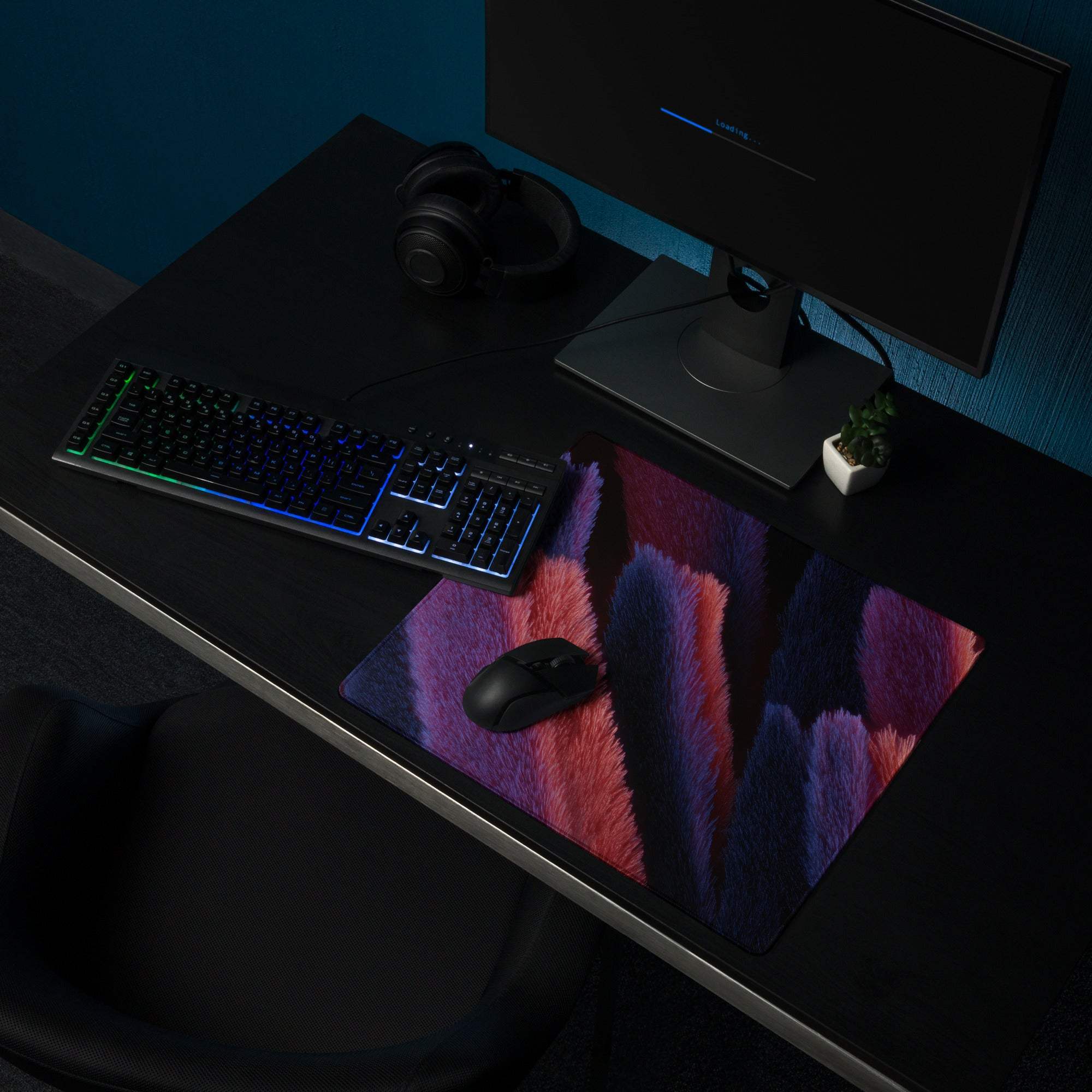 Vibrant purple pink furry feather gaming mouse pad with non-slip base