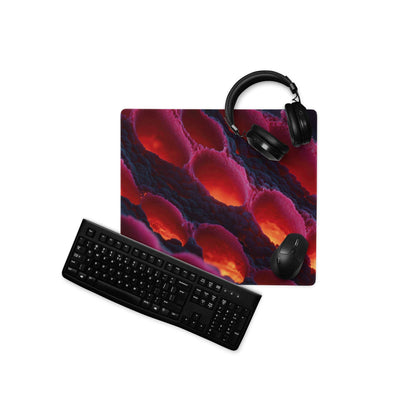 Large non-slip gaming mouse pad in vibrant lava red purple hues with black keyboard headphones