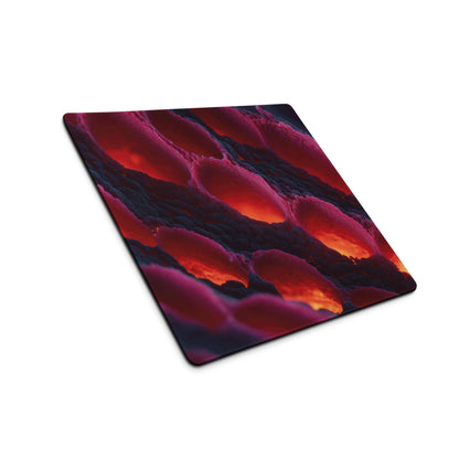 Large non-slip gaming mouse pad with vibrant lava red and purple glowing design