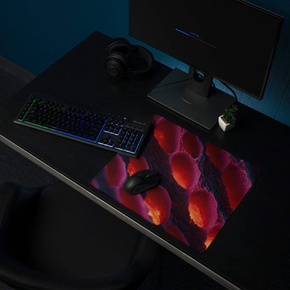 Large non-slip gaming mousepad in vibrant lava red and purple hues with glossy finish
