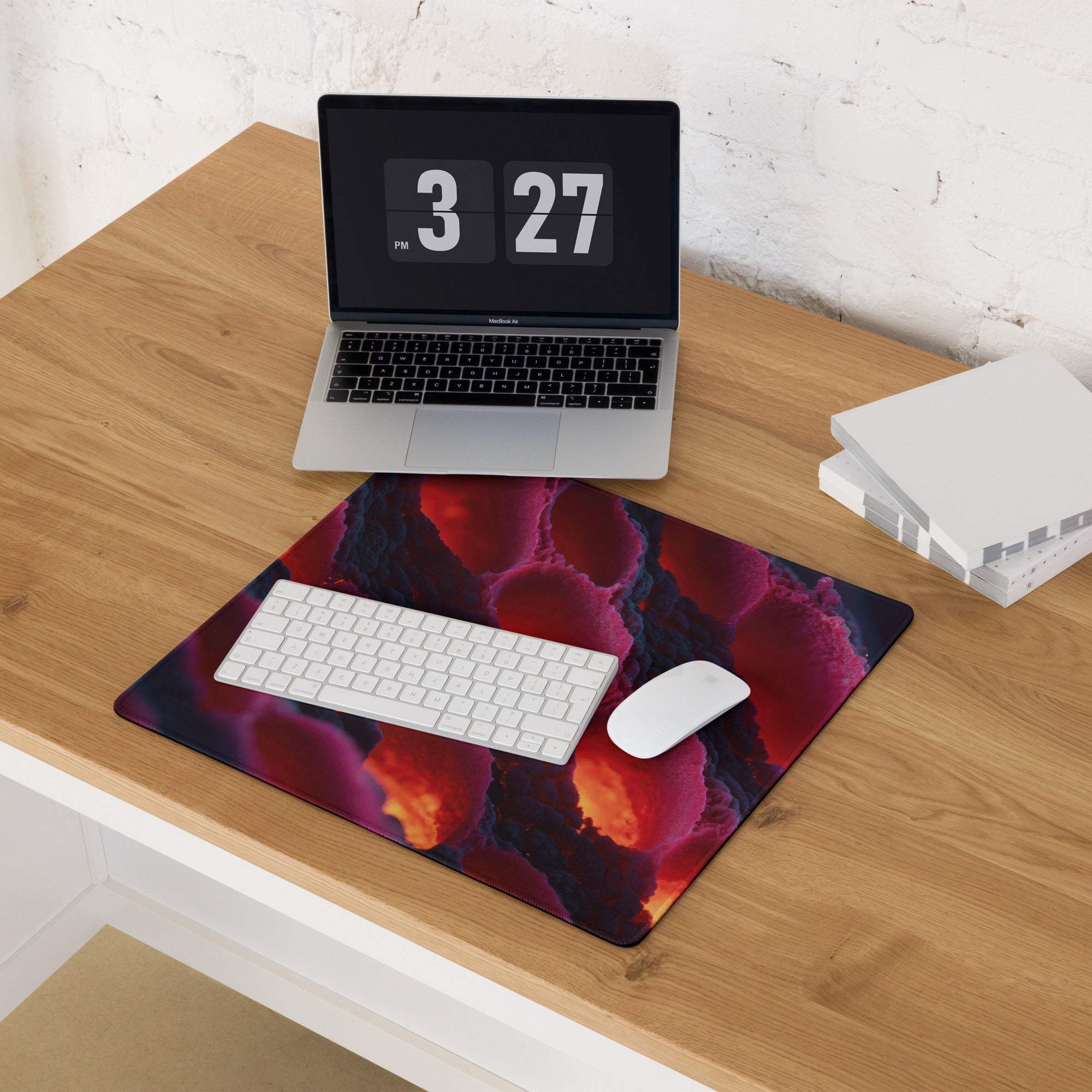 Large non-slip gaming mouse pad with vibrant lava red purple swirling design
