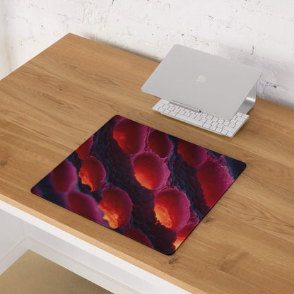 Large non-slip gaming mousepad in vibrant lava red and purple hues with edge stitching