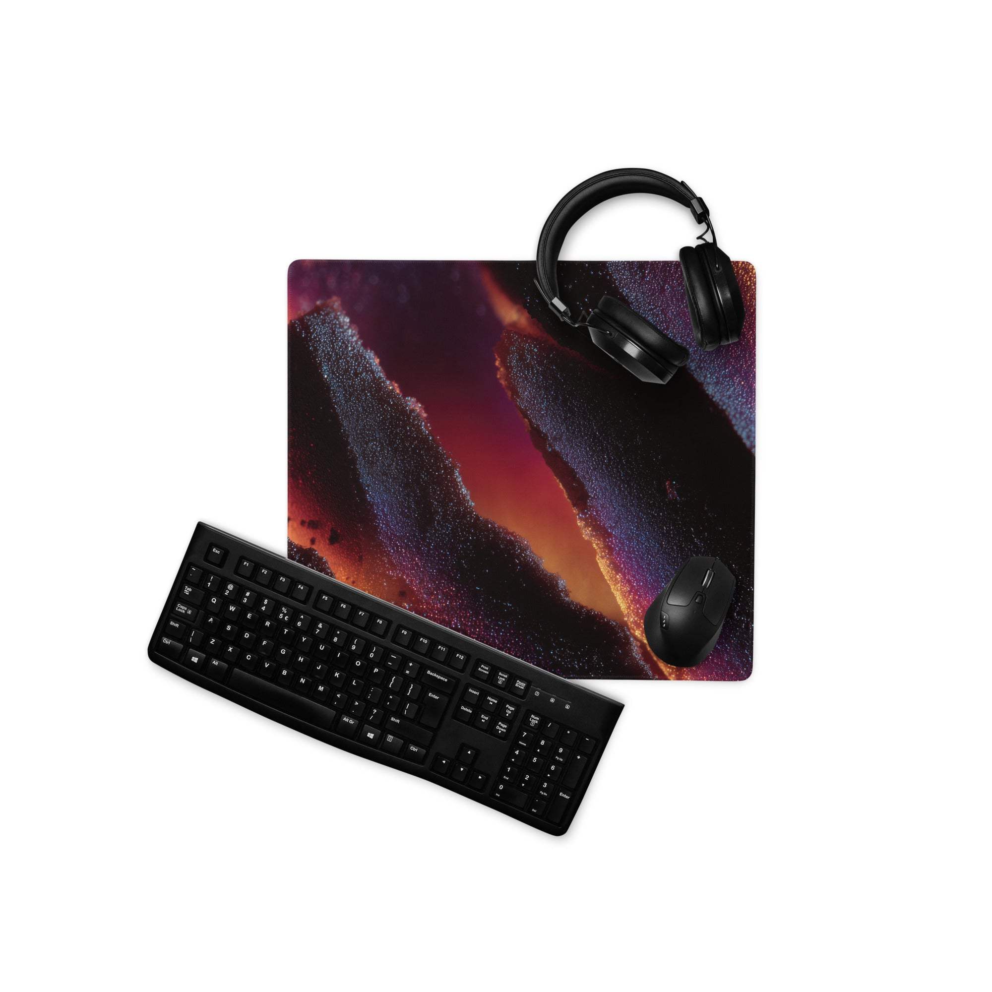 Vibrant nebula gaming mouse pad with edge stitching and non-slip base
