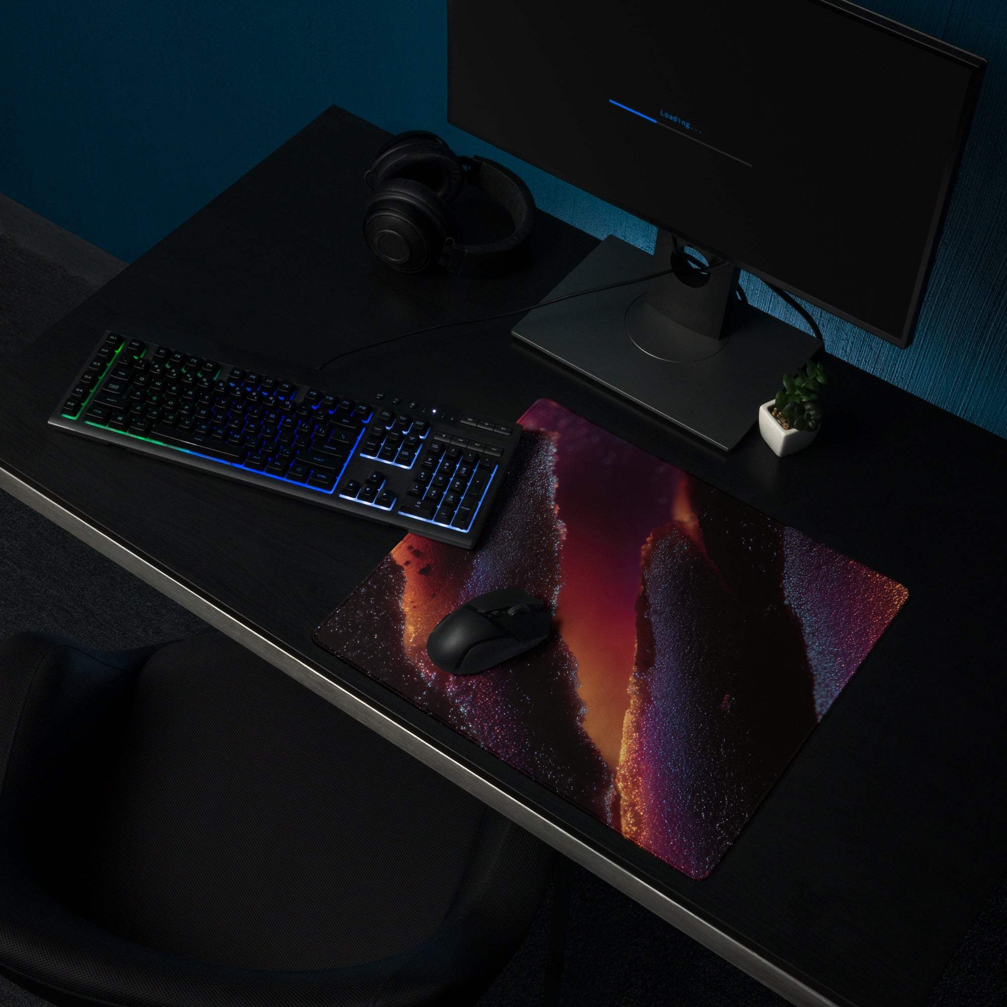 Vibrant nebula gaming mouse pad with edge stitching, non-slip base
