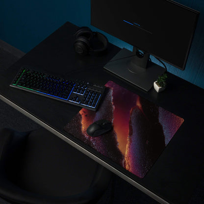 Vibrant nebula gaming mouse pad with edge stitching, non-slip base