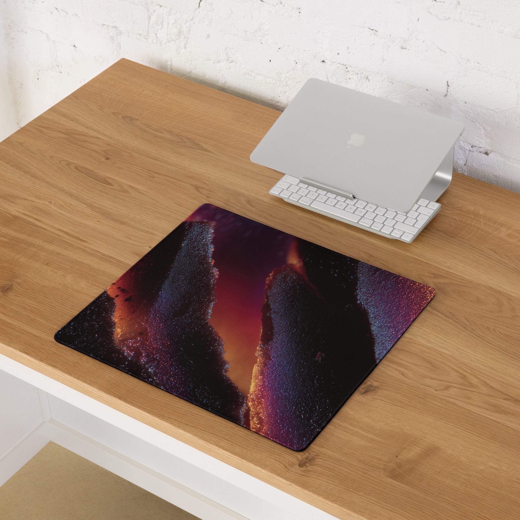 Vibrant nebula gaming mouse pad with cosmic purple orange design, edge stitching, non-slip base