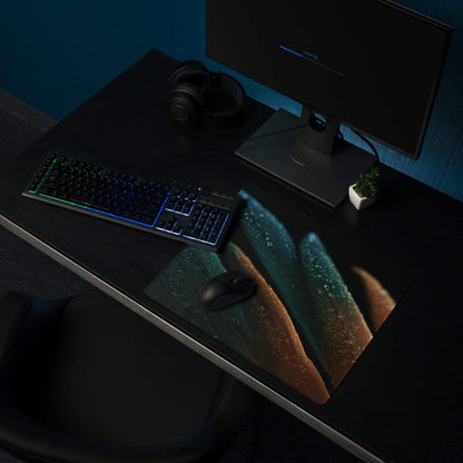 Modern teal and amber feather gaming mouse pad with dew-covered print
