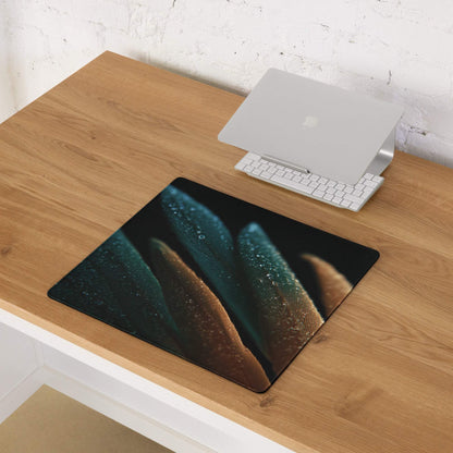 Modern teal and amber feather gaming mouse pad with non-slip base