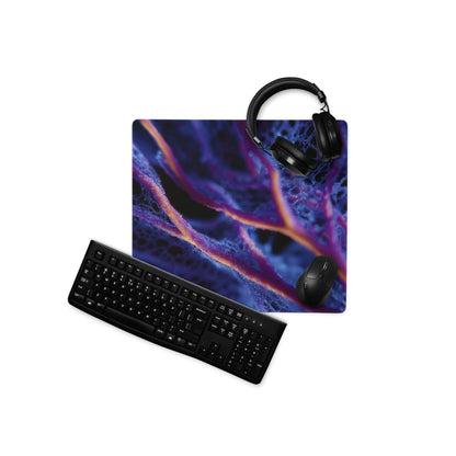 Vibrant purple orange coral neon gaming mousepad with keyboard headphones