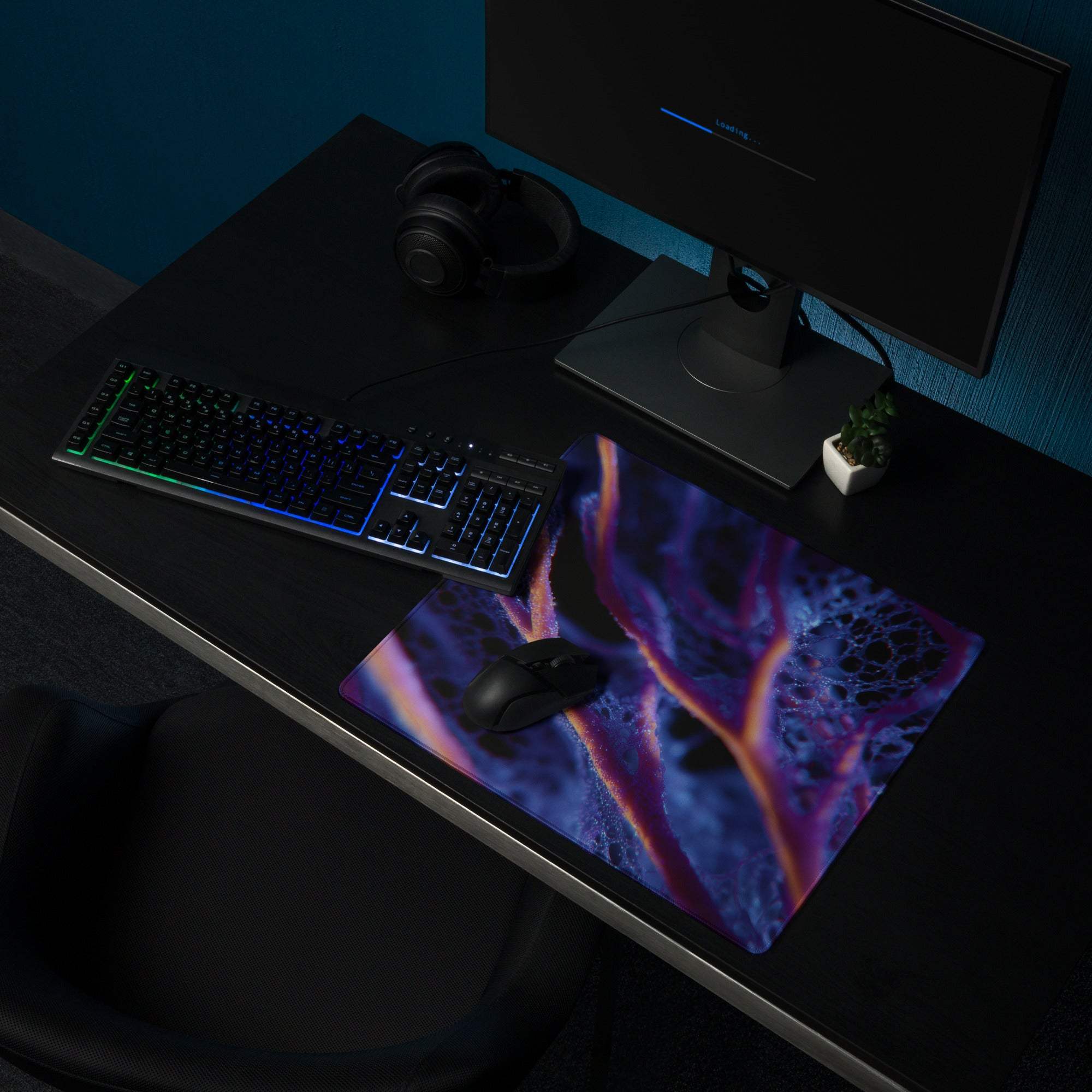 Vibrant purple orange abstract glossy gaming mouse pad, neon immersive design