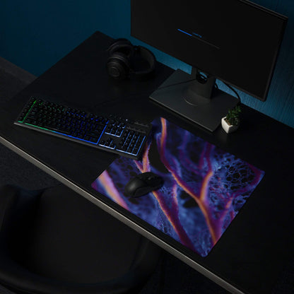 Vibrant purple orange abstract glossy gaming mouse pad, neon immersive design