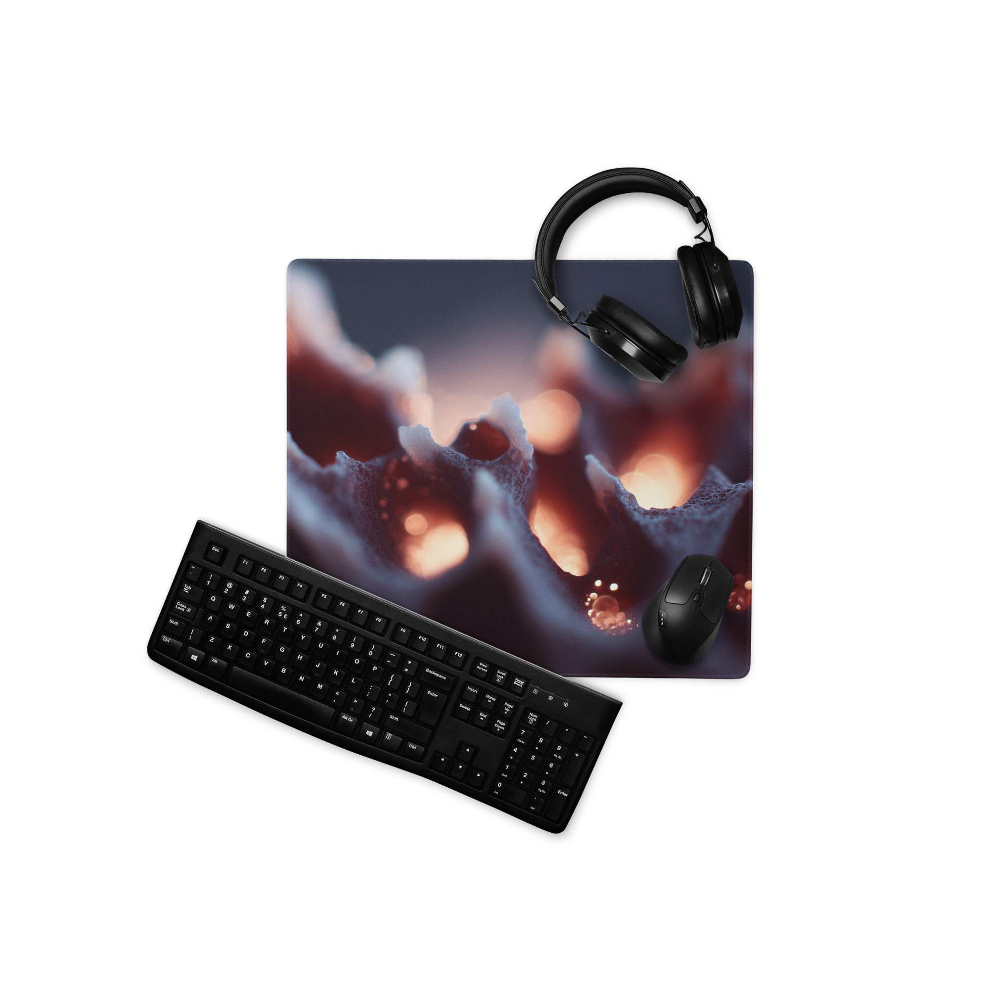 Bold abstract coral glow large gaming mouse pad with swirling red orange bokeh