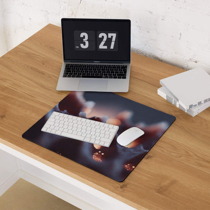 Black cosmic nebula mouse pad with bold coral glow design and stitched edges