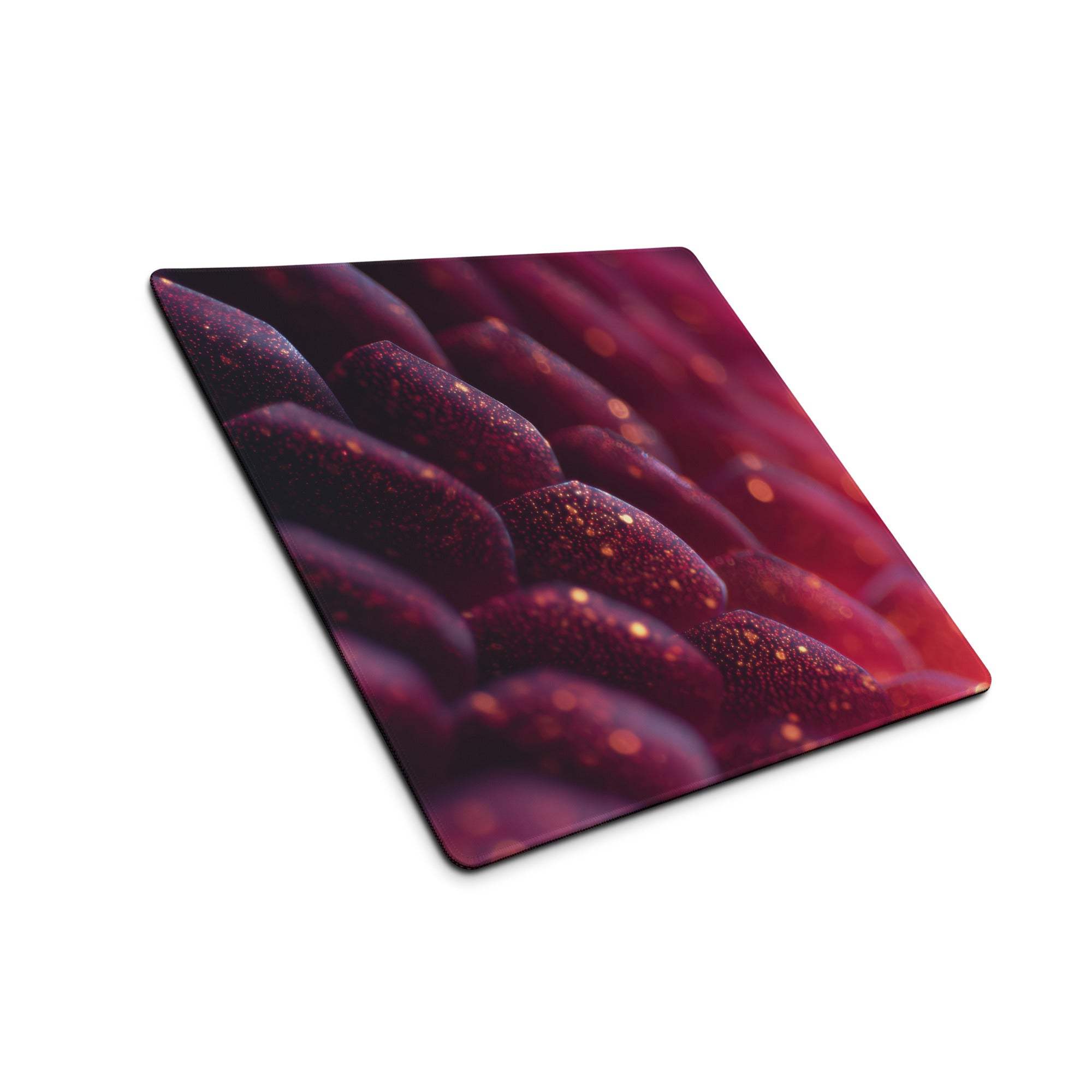 Square glossy mousepad with deep red textured scales and golden speckles