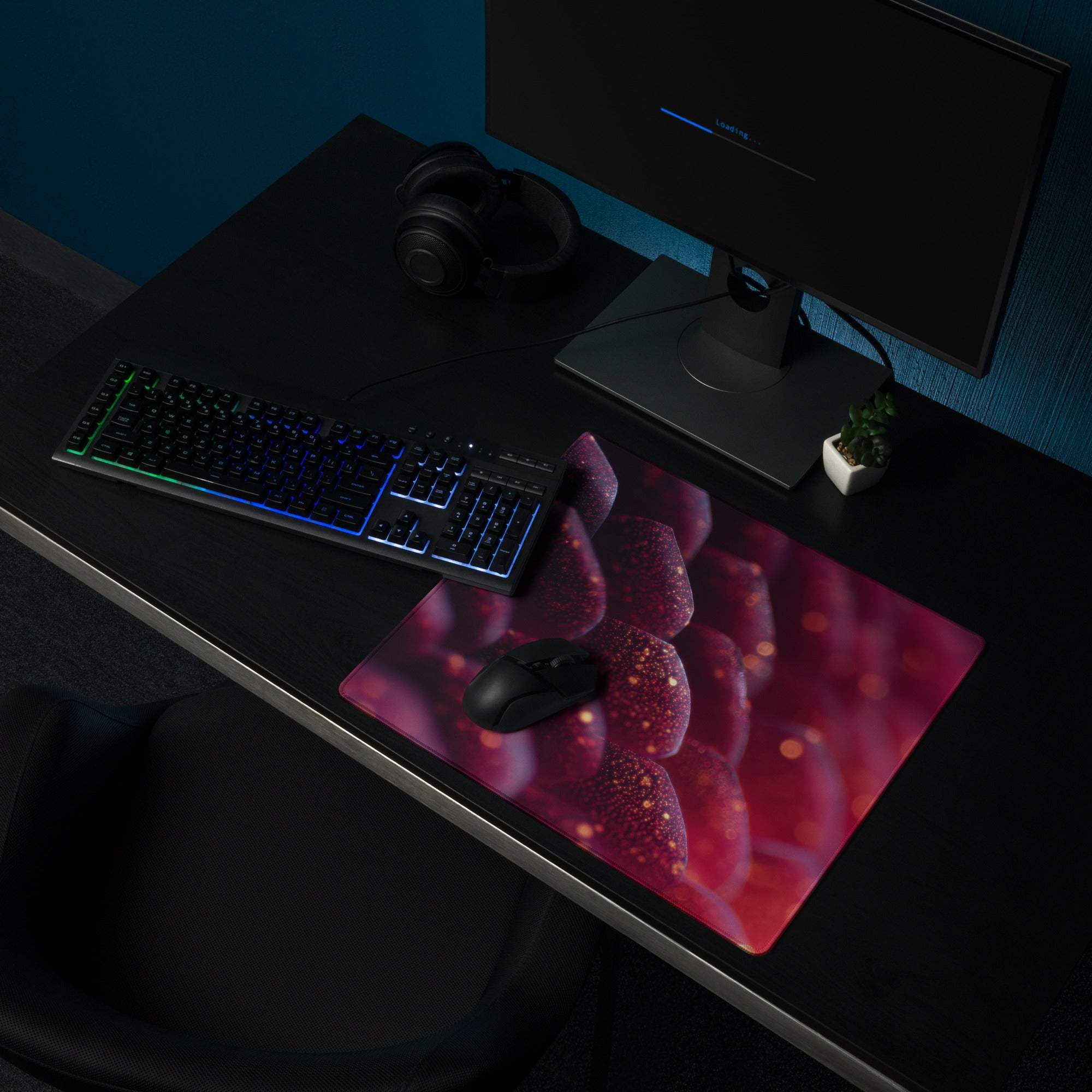 Vibrant pink red floral glittery gaming mousepad with black wireless mouse