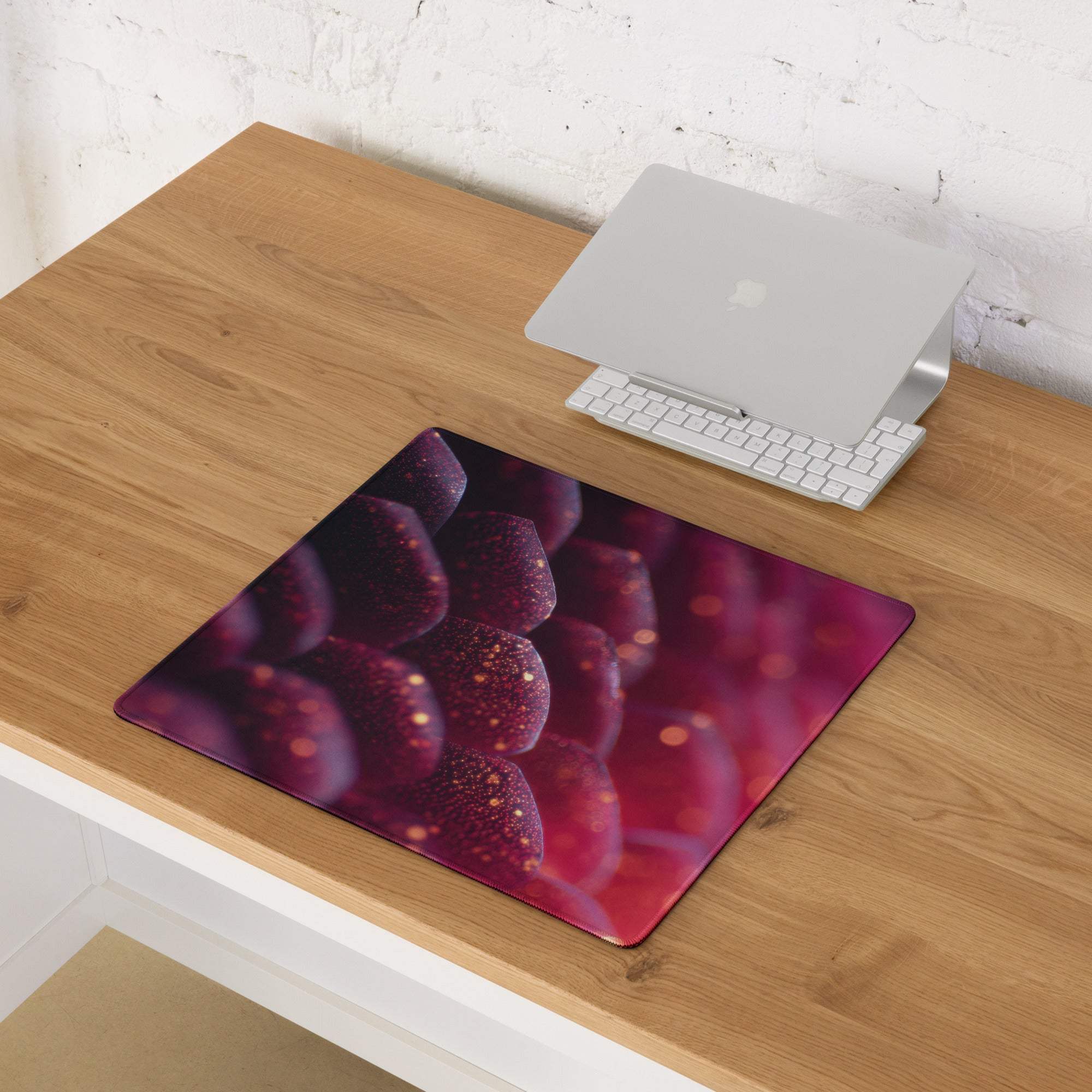 Vibrant neon purple pink aura gaming mouse pad with abstract floral design