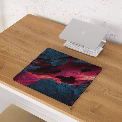 Vibrant cosmic magenta teal gaming mouse pad with non-slip base