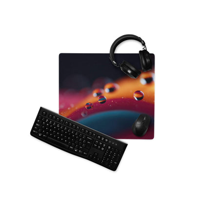 Black glossy QWERTY keyboard on vibrant gaming mouse pad