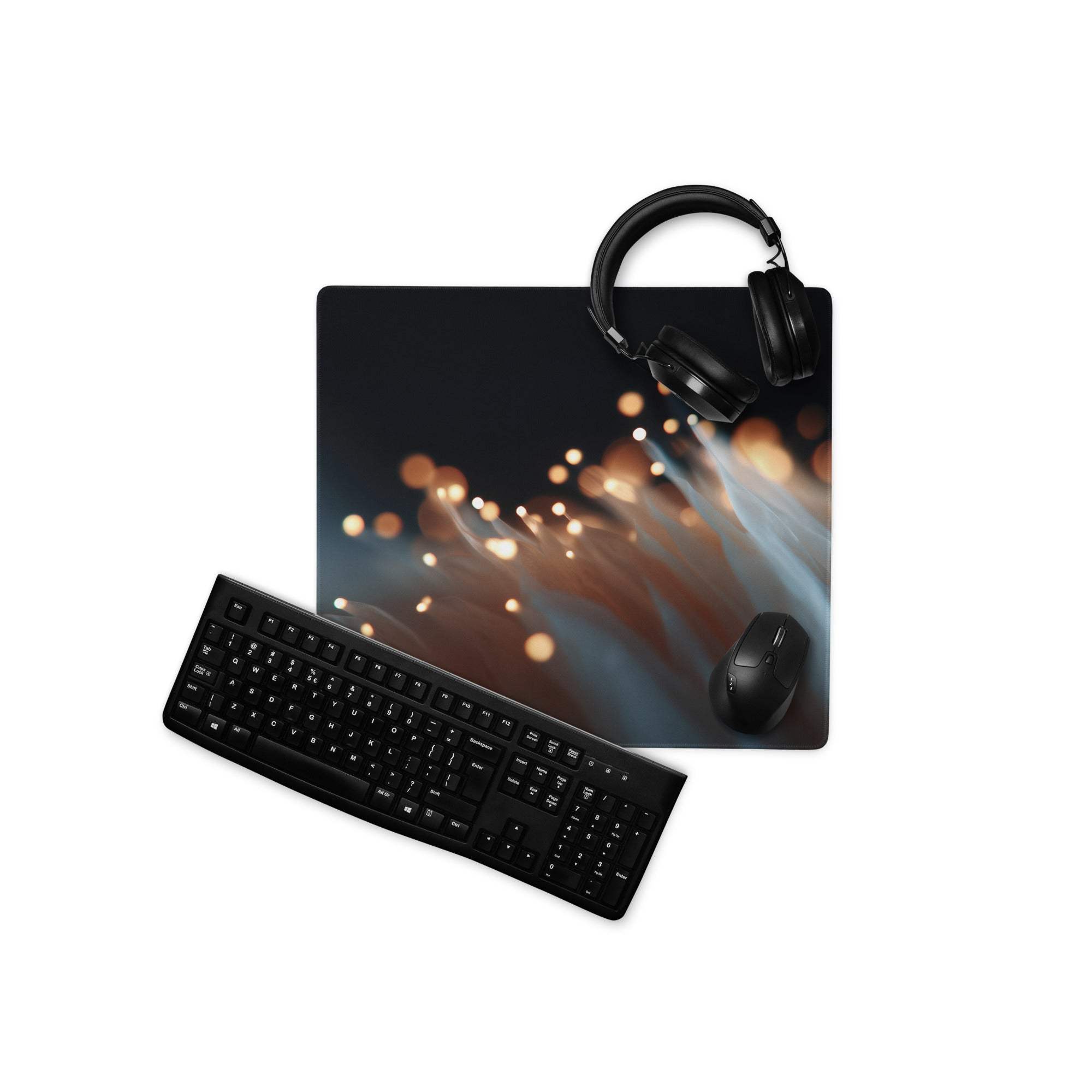 Moody Blue Bokeh Lights gaming mouse pad with cosmic orange blue glow and headphones
