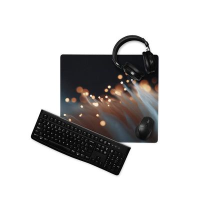 Moody Blue Bokeh Lights gaming mouse pad with cosmic orange blue glow and headphones