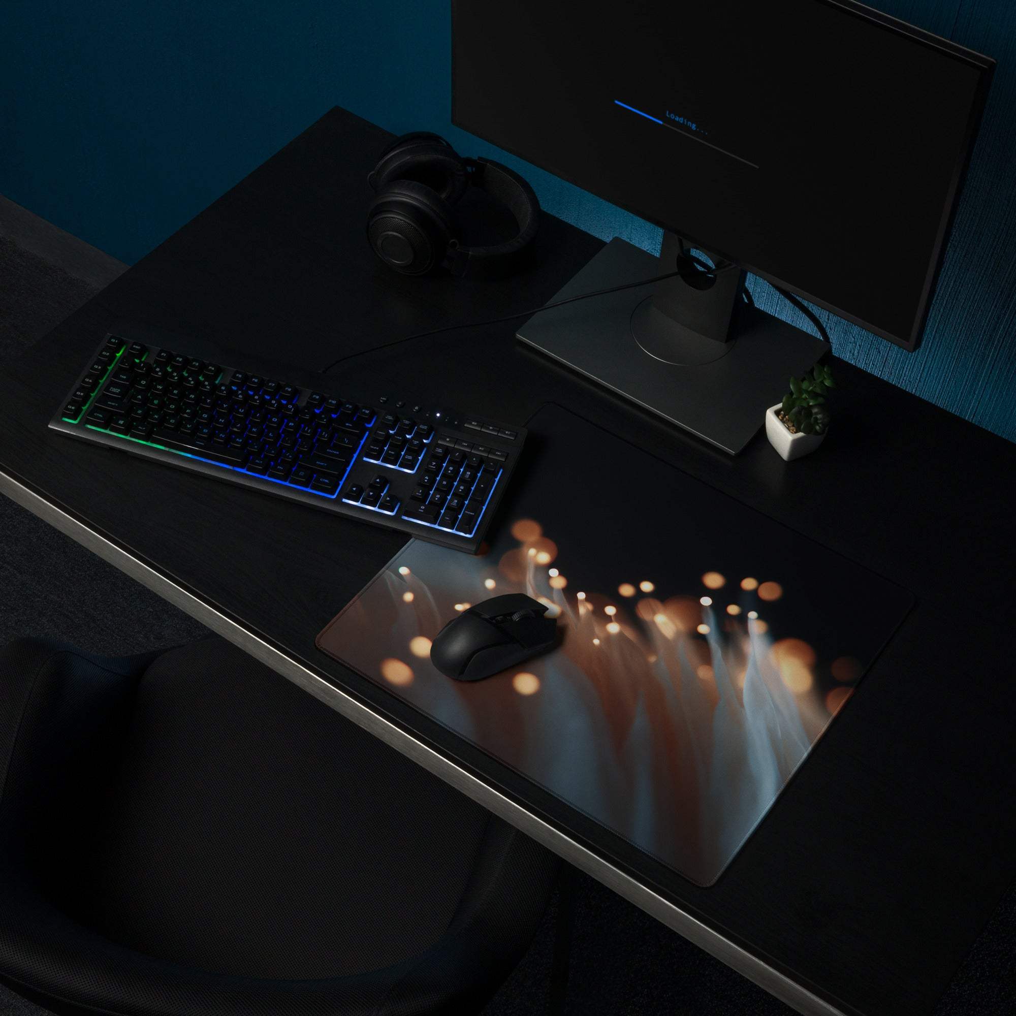 Moody Blue Bokeh Lights gaming mouse pad with orange white bokeh glow