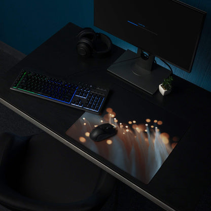 Moody Blue Bokeh Lights gaming mouse pad with orange white bokeh glow