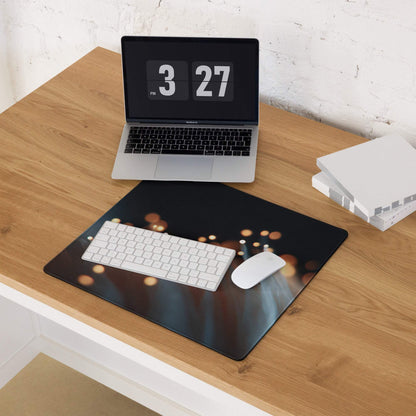 Moody Blue Bokeh Lights gaming mouse pad with black rectangular design, warm bokeh highlights, large non-slip surface