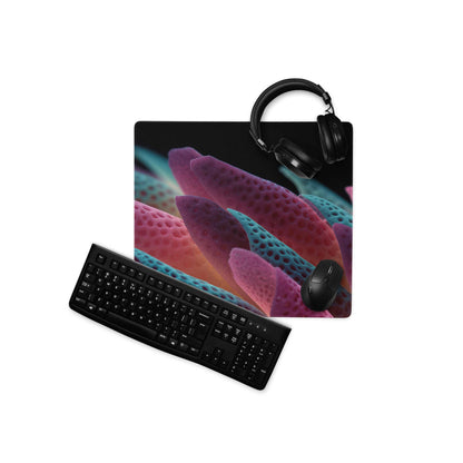 Vibrant abstract neon leaves macro gaming mousepad with headphones keyboard