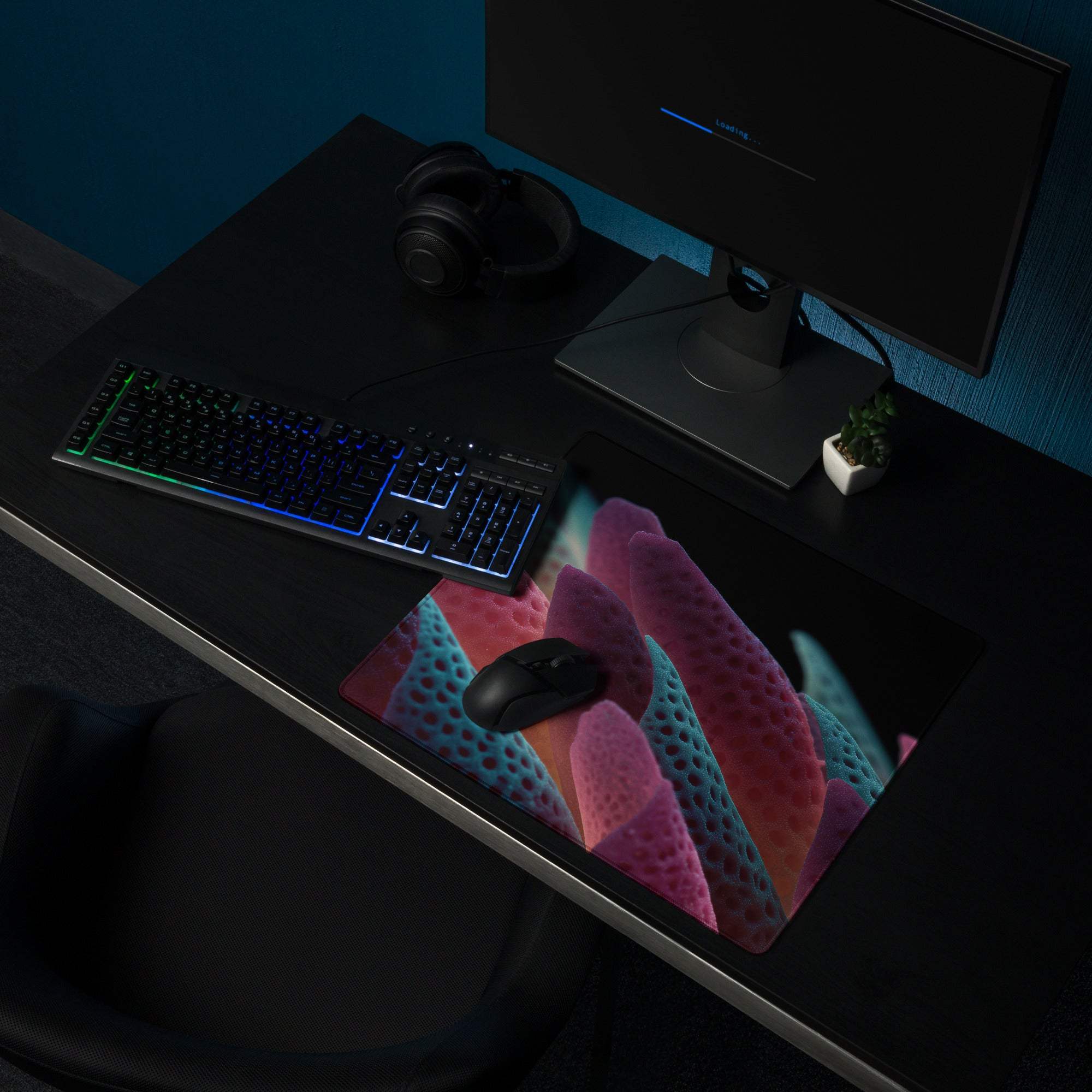 Vibrant abstract neon leaves gaming mousepad in pink teal gradient