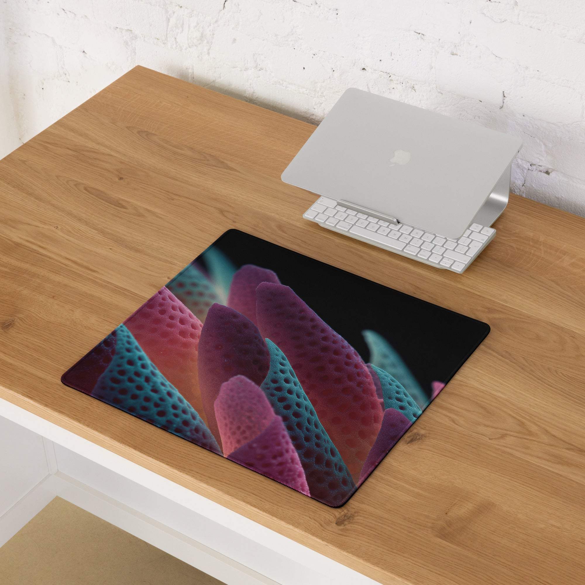 Vibrant abstract neon leaves macro art on black gaming mousepad