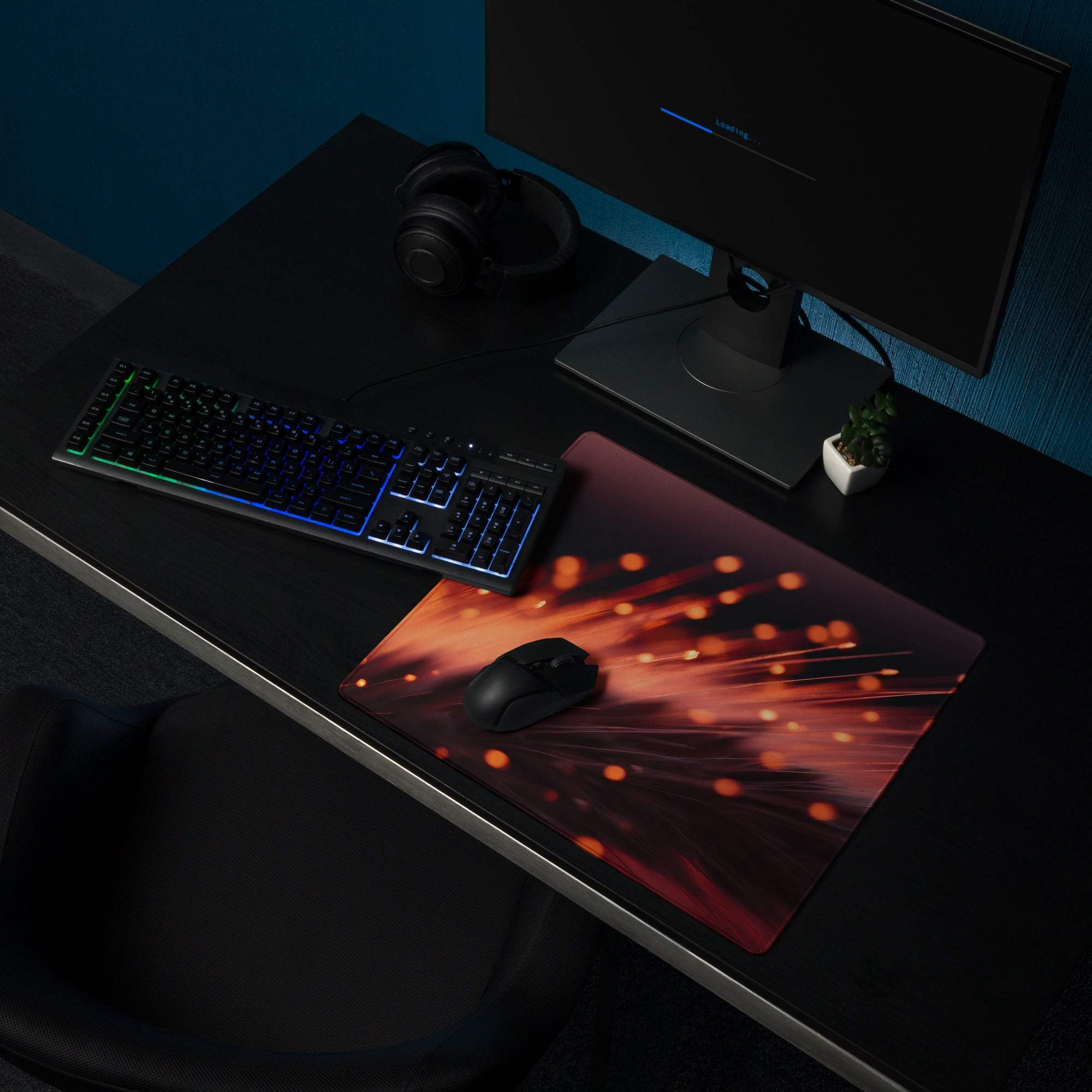 Dynamic Neon Ember Glow large esports gaming mouse pad with orange red fiber optic bokeh lights