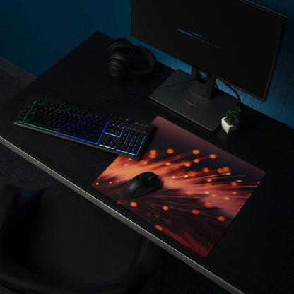 Dynamic Neon Ember Glow large esports gaming mouse pad with orange red fiber optic bokeh lights